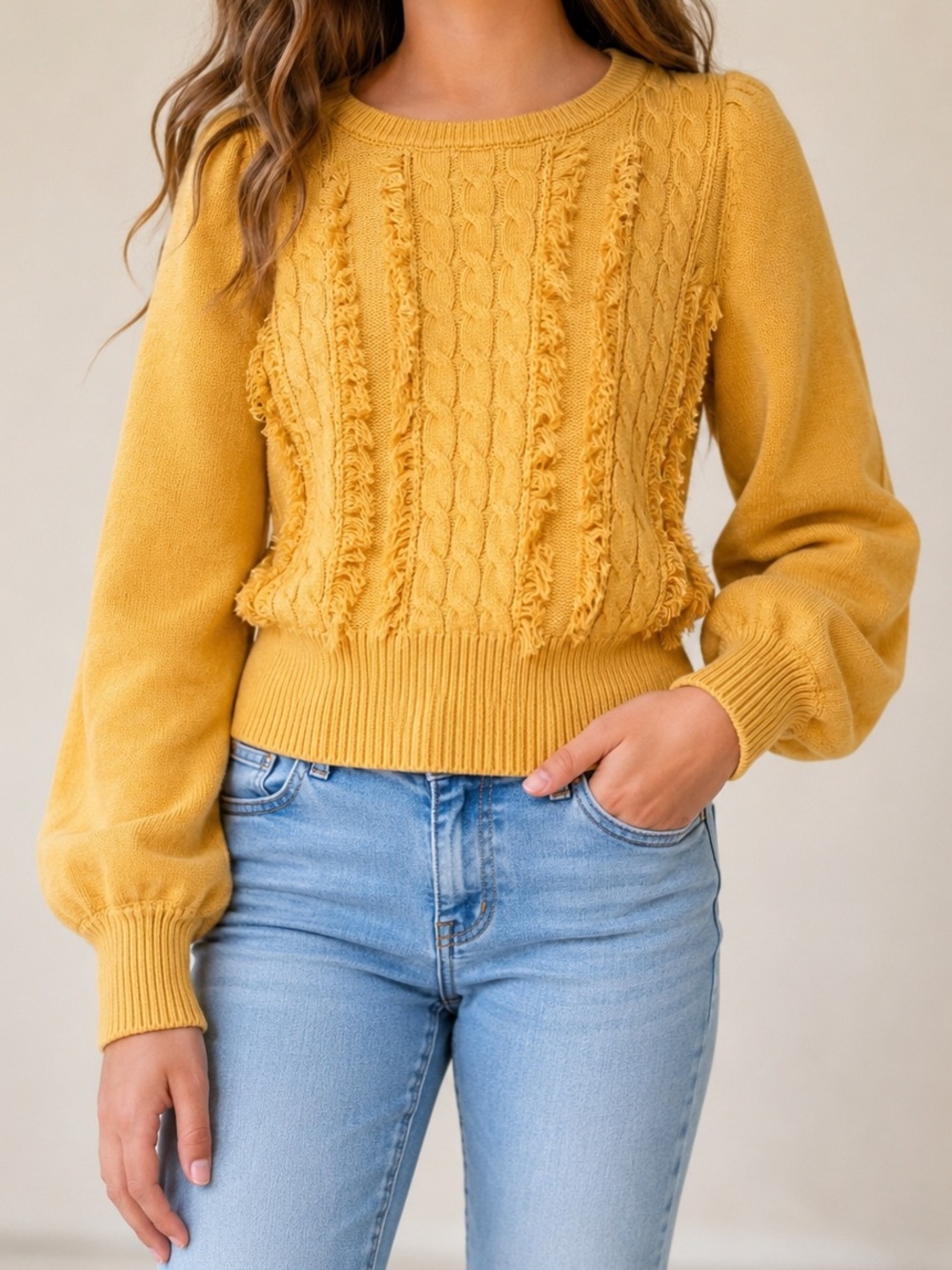 Habitual Girls 14 Mustard Cable Knit Fringe Sweater Puff Sleeve Boho Cozy